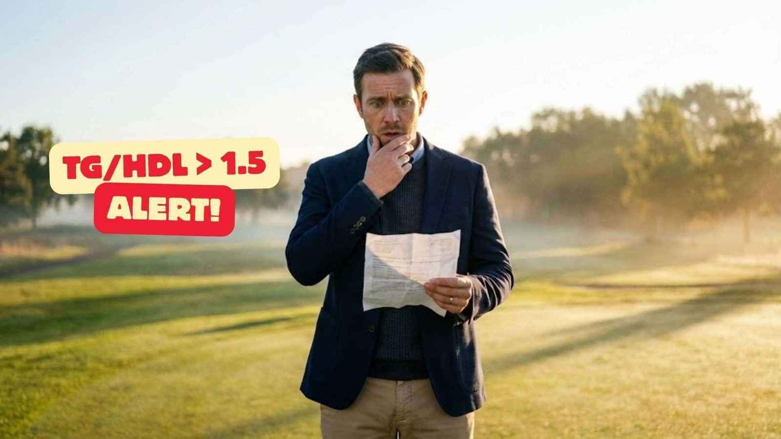 triglyceride-hdl-ratio-insulin-resistance-check ผู้ชายยืนอ่านผลตรวจเลือด Triglyceride HDL Ratio ในสนามกอล์ฟ ค้นพบภาวะดื้ออินซูลิน