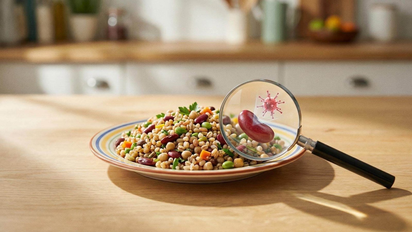 ภาพจานสลัดธัญพืชและถั่วบนโต๊ะไม้ พร้อมแว่นขยายส่องเห็นโมเลกุลเลคตินที่ซ่อนอยู่ สื่อถึงภัยเงียบในอาหารสุขภาพ