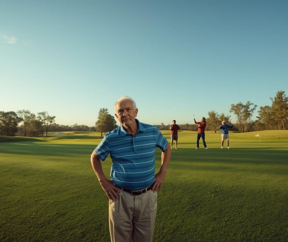 นักกอล์ฟสูงวัยยืนมองเพื่อนรุ่นน้องตีไกลกว่าด้วยความรู้สึกหงุดหงิด