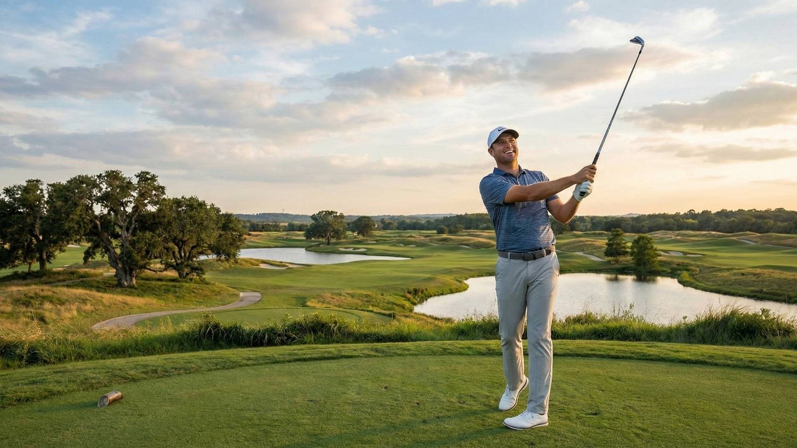 นักกอล์ฟยืนจบวงสวิงอย่างมั่นใจและมีความสุขในสนามกอล์ฟ