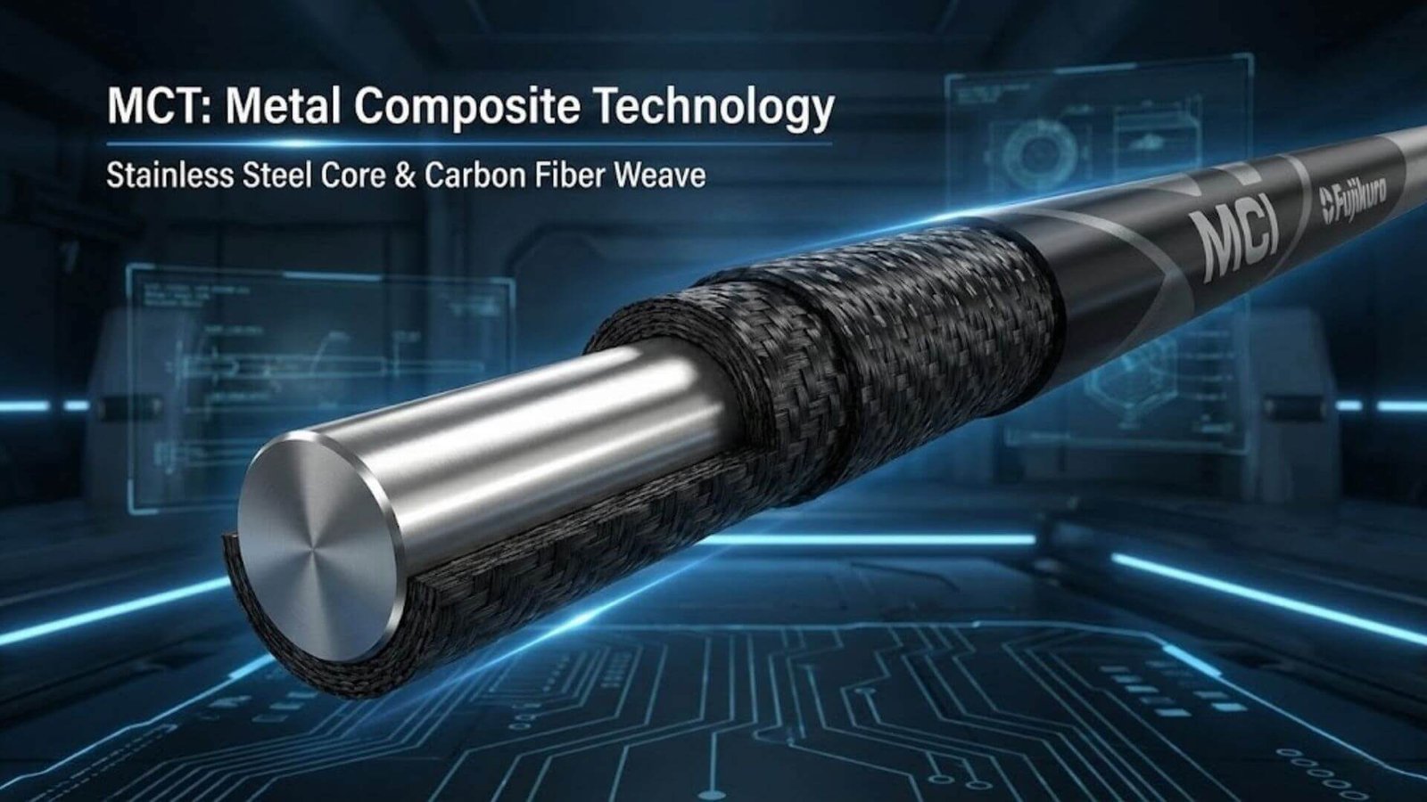 ภาพกราฟิกสามมิติแสดงโครงสร้างภายในของก้าน Fujikura MCI (Metal Composite Technology) ที่มีแกนสแตนเลสผสมกับคาร์บอน ช่วยให้ก้านมีน้ำหนักสมดุลและนุ่มนวล
