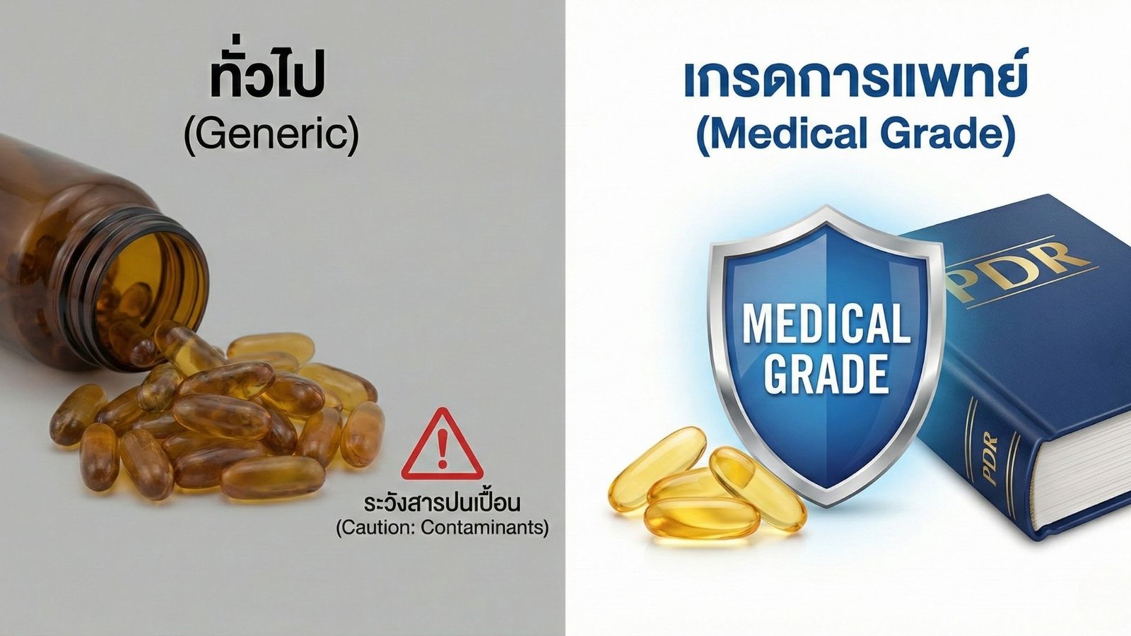 ภาพเปรียบเทียบความแตกต่างคุณภาพระหว่างน้ำมันปลาทั่วไปตามท้องตลาด กับ Omega-3 เกรดการแพทย์ที่มีมาตรฐาน PDR รับรอง