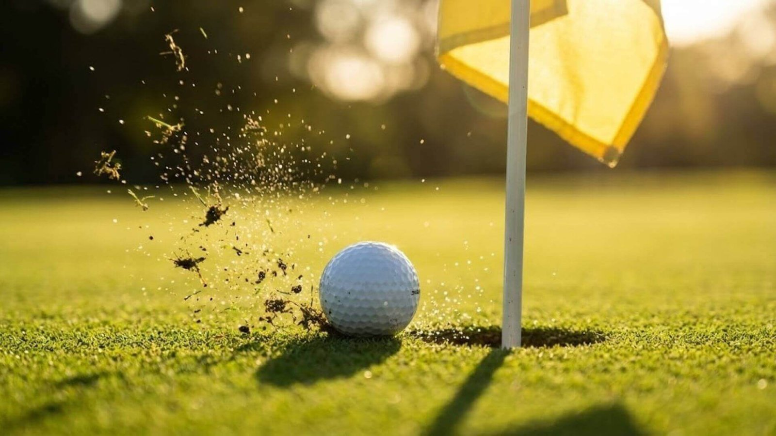 ลูกกอล์ฟกำลังตกกระแทกพื้นกรีนและหมุนหยุด (Spin) อย่างรุนแรงข้างหลุมธง พร้อมเศษดินกระเด็น แสดงประสิทธิภาพการสร้างสปินที่ยอดเยี่ยมของก้าน Fujikura MCI รุ่นใหม่