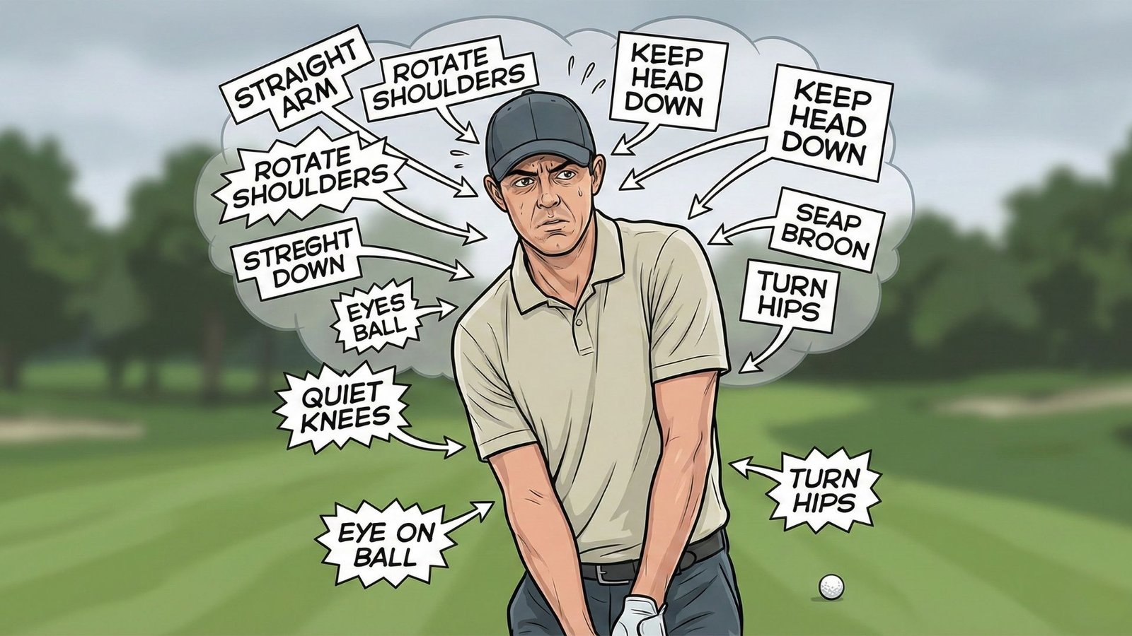 กราฟิกแสดงความวิตกกังวลและความคิดที่ยุ่งเหยิงของนักกอล์ฟก่อนตี