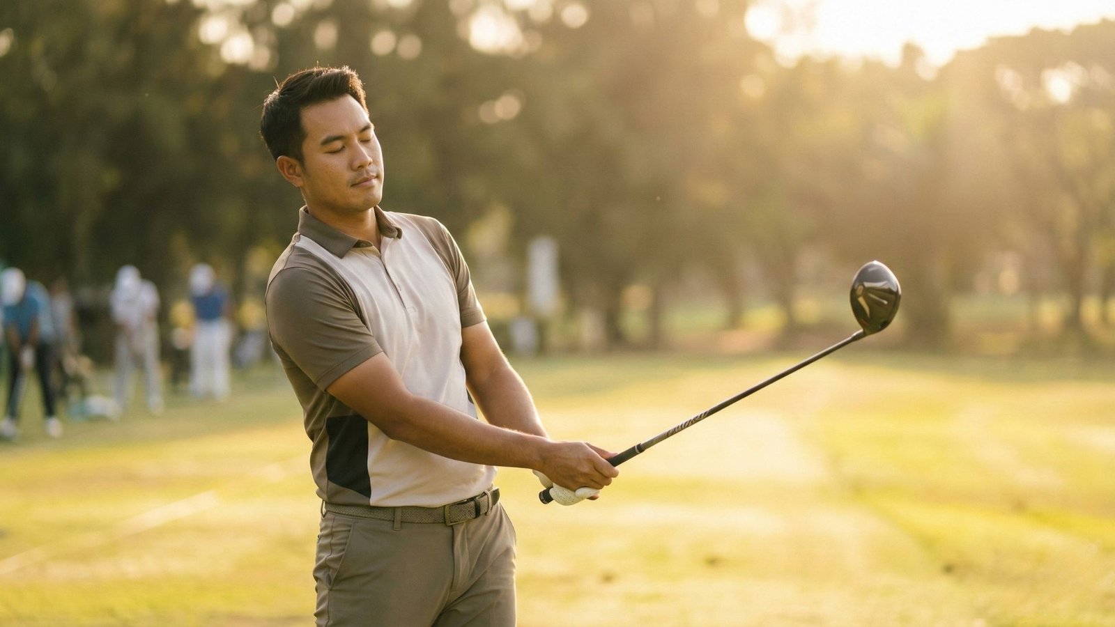 golfer-feeling-the-swing กกอล์ฟกำลังหลับตาทำท่าสวิงเพื่อจับความรู้สึกของร่างกาย