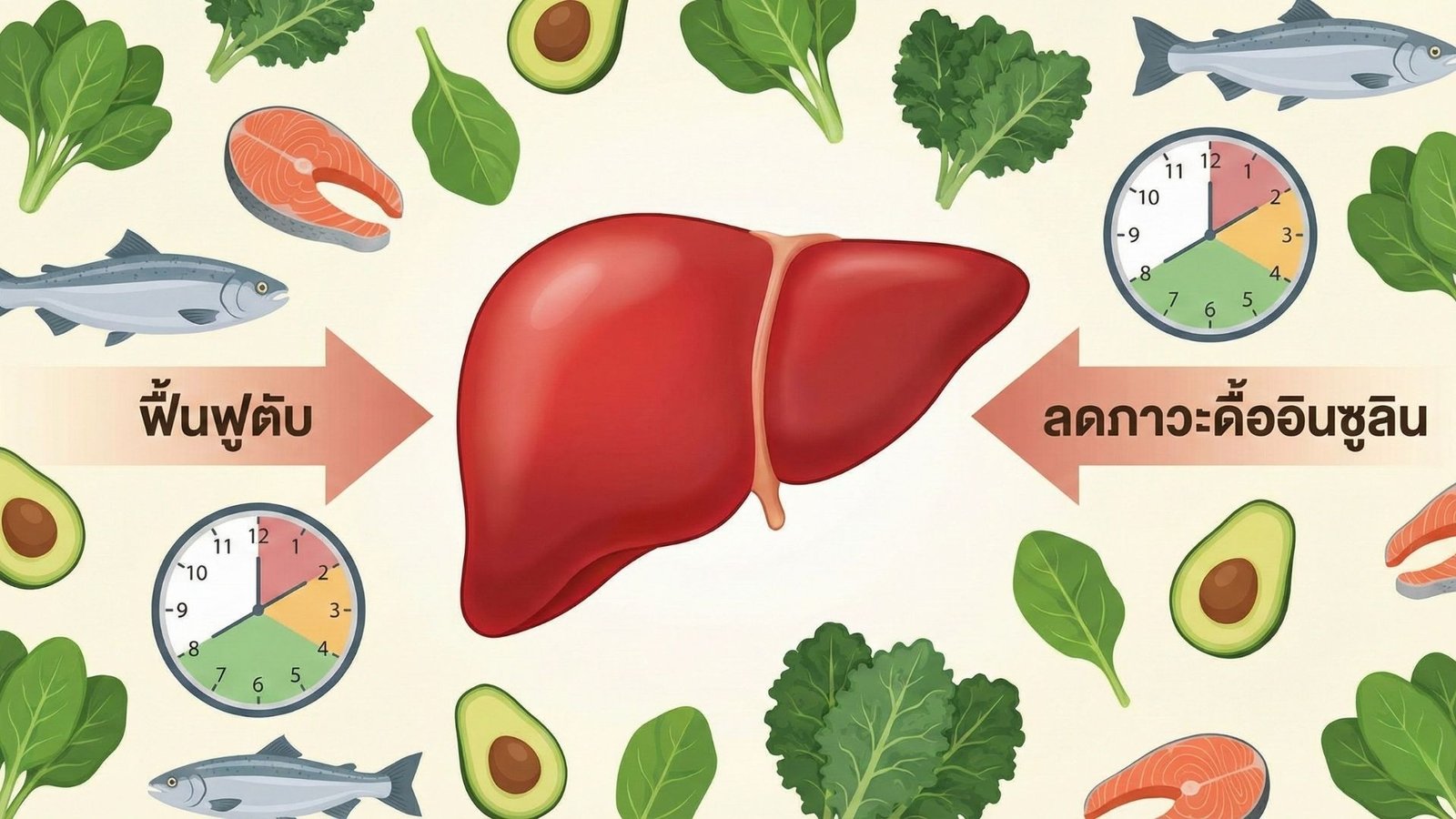 ภาพกราฟิกสื่อถึงการฟื้นฟูสุขภาพตับและแก้ภาวะดื้ออินซูลิน ด้วยการปรับอาหารและทำ Intermittent Fasting