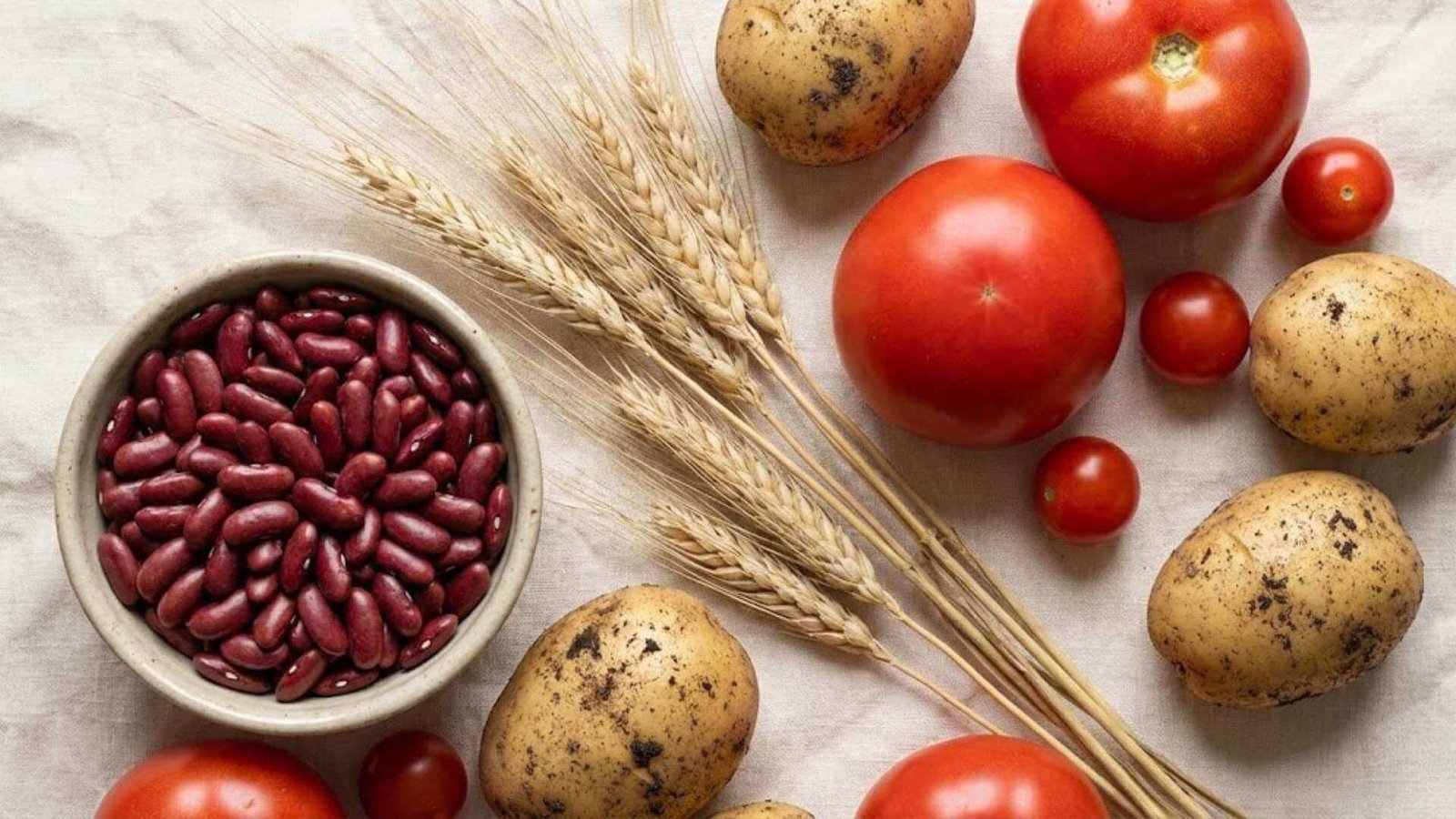 วัตถุดิบอาหารที่มีเลคตินสูง ได้แก่ ถั่วแดง ข้าวสาลี มะเขือเทศ และมันฝรั่งดิบ จัดวางบนโต๊ะ