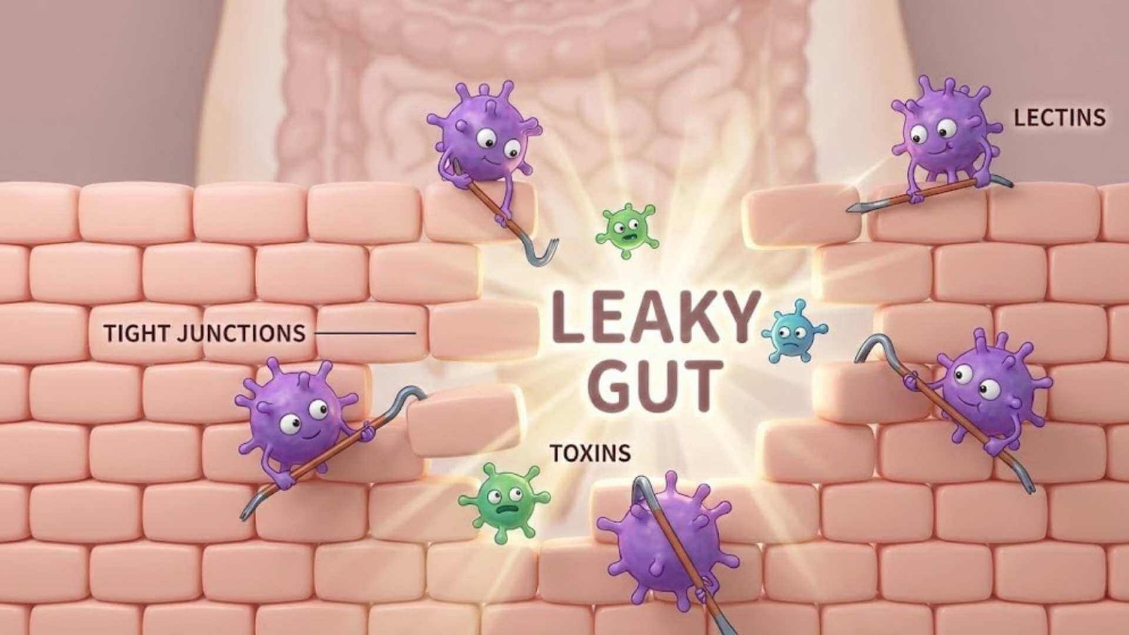 ภาพจำลองกราฟิกแสดงผนังลำไส้ที่เกิดภาวะลำไส้รั่ว (Leaky Gut) จากการถูกทำลายโดยเลคติน ทำให้เกิดช่องว่างระหว่างเซลล์