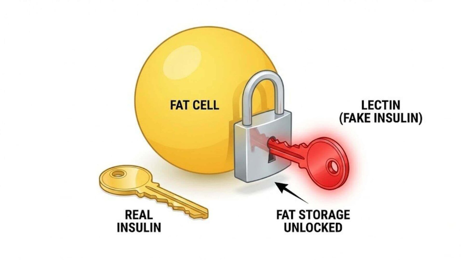 ภาพกราฟิกเปรียบเทียบเลคตินเป็นกุญแจผีที่ไขเข้าสู่เซลล์ไขมัน เลียนแบบอินซูลินและกระตุ้นการสะสมไขมันในร่างกาย