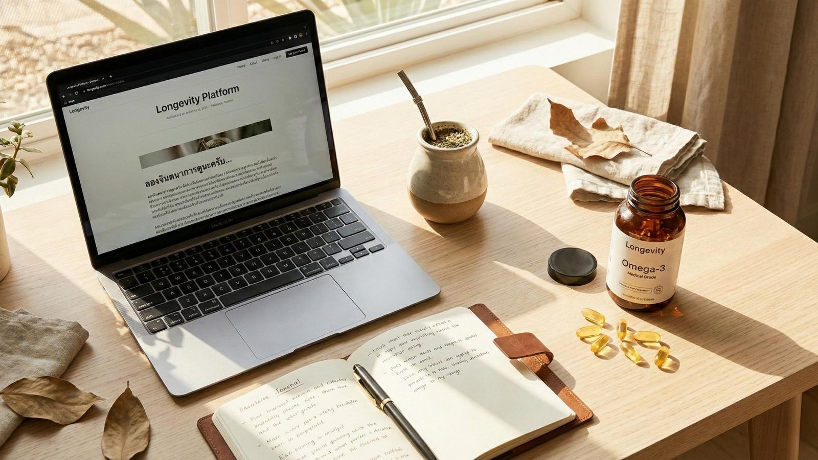 lifestyle-blogger-workspace-omega-3 โต๊ะทำงานของ Lifestyle Blogger ที่มีแล็ปท็อปแสดงหน้าเว็บ Longevity Platform และอาหารเสริม Omega-3 เกรดพรีเมียมเพื่อสุขภาพ