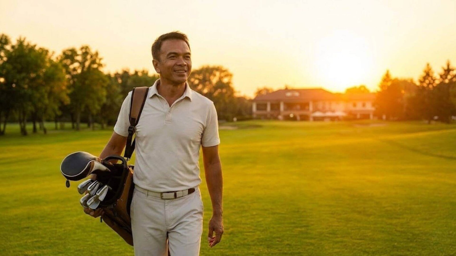 ภาพนักกอล์ฟวัยเก๋าที่ดูแลสุขภาพดี (Longevity Lifestyle) เดินยิ้มอย่างมีความสุขแบกถุงกอล์ฟในสนามยามพระอาทิตย์ตก สื่อถึงความคุ้มค่าของการลงทุนในอุปกรณ์ที่ดีต่อร่างกายอย่าง Fujikura MCI