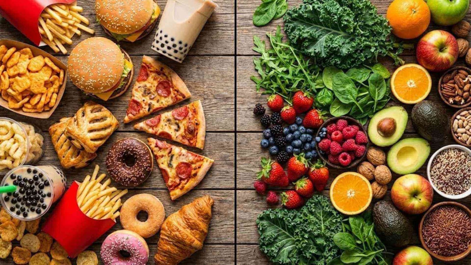 ภาพเปรียบเทียบอาหารยุคใหม่ที่ขาดไฟเบอร์ กับอาหารธรรมชาติที่มีกากใยสูง สาเหตุของความอ้วนง่าย