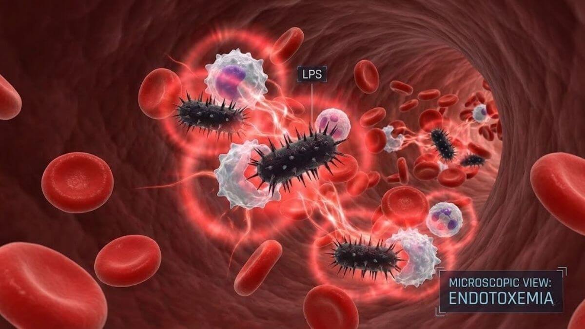 ภาพจำลองสารพิษ LPS (Endotoxin) จากแบคทีเรียในลำไส้ หลุดเข้าสู่กระแสเลือด กระตุ้นการอักเสบและภาวะดื้ออินซูลิน