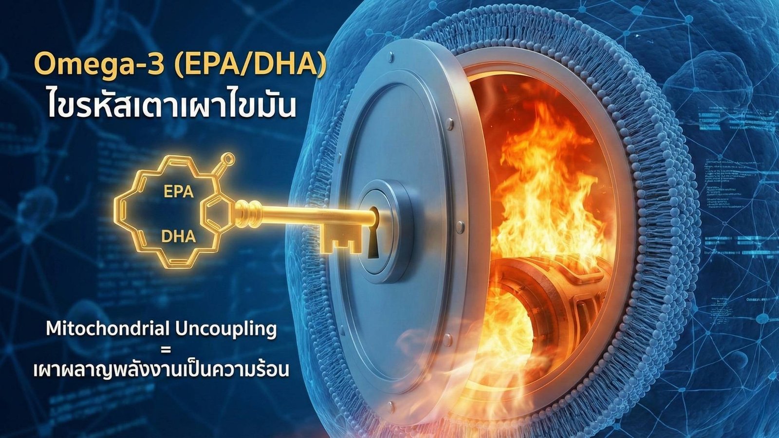 ภาพกราฟิกเปรียบเทียบ Omega-3 เป็นกุญแจสำคัญที่ช่วยไขระบบเผาผลาญไขมันในระดับเซลล์