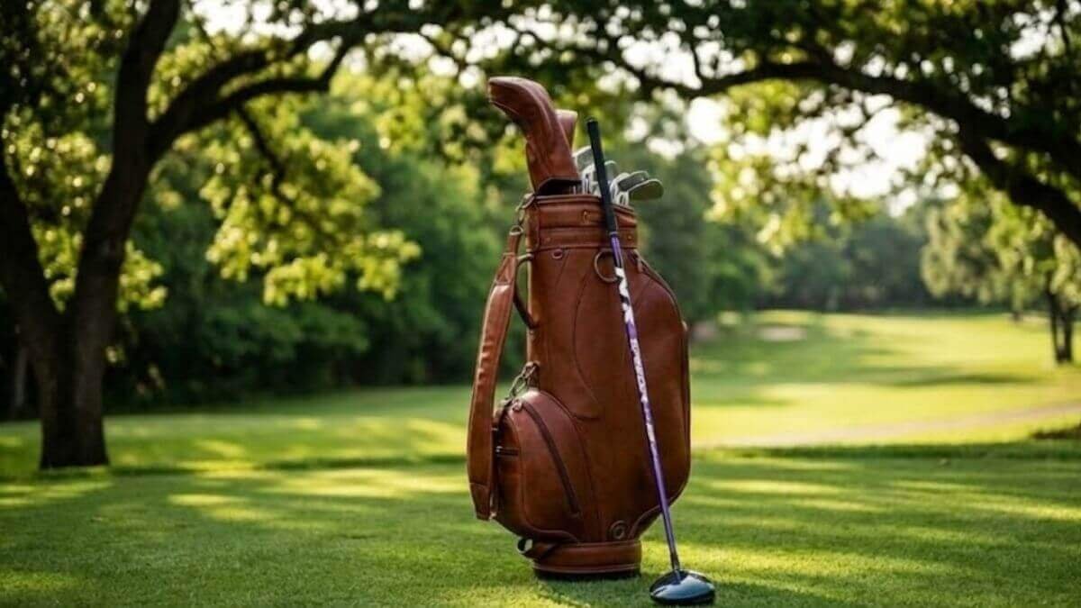 ถุงกอล์ฟหรูวางบนแฟร์เวย์ พร้อมก้านไดรเวอร์ Speeder NX Violet สีม่วงโดดเด่น สื่อถึงไลฟ์สไตล์นักกอล์ฟระดับพรีเมียม