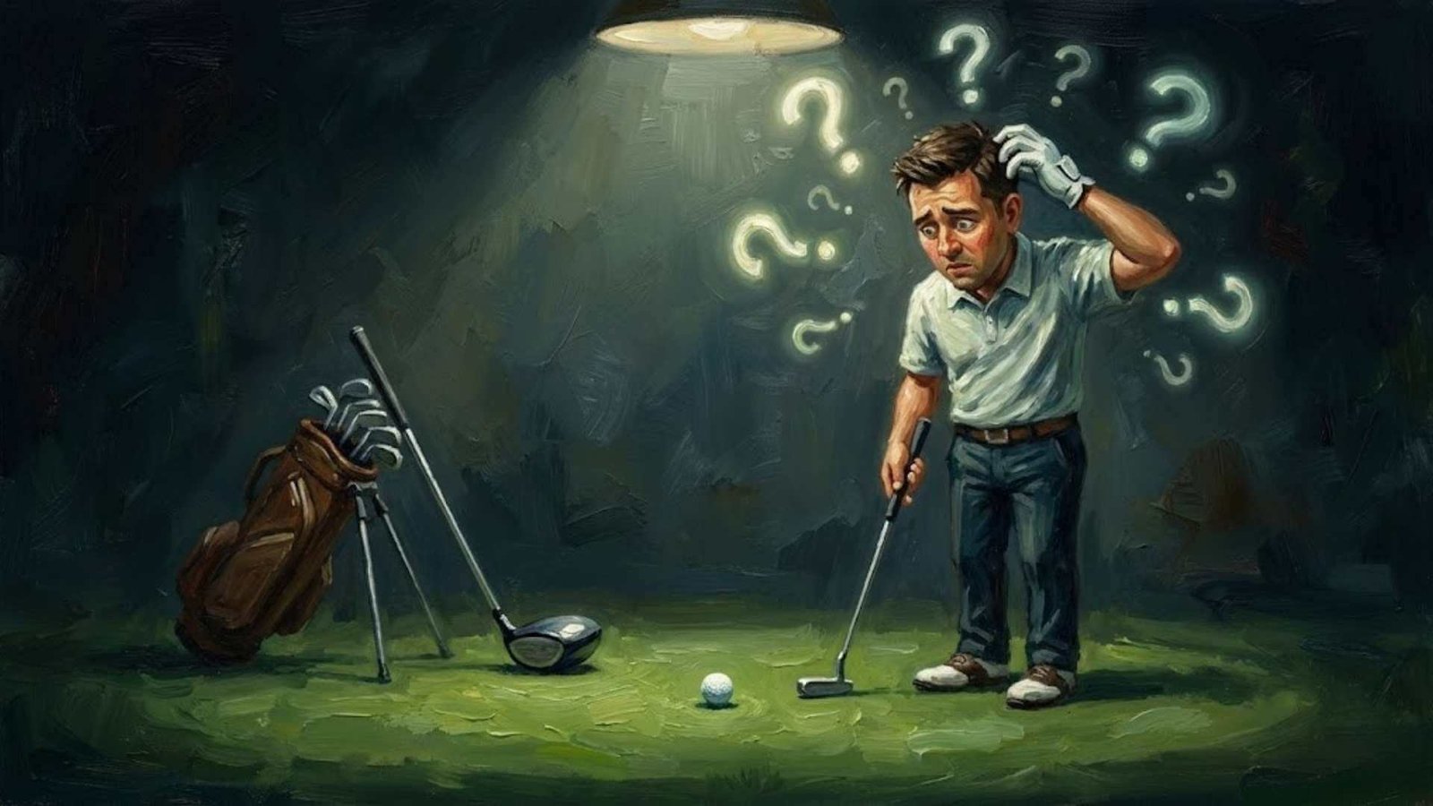 putter-golds-rule-1 นักกอล์ฟยืนสับสนบนกรีนที่มีไม้พัตต์ใช้บ่อยกว่าไม้ไดรเวอร์