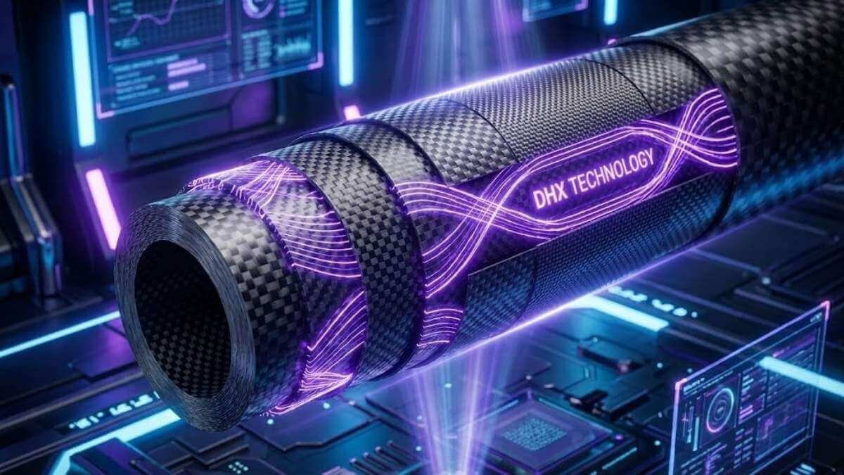 ภาพจำลองโครงสร้างภายในก้าน Speeder NX Violet แสดงเทคโนโลยี DHX และการวางเลเยอร์คาร์บอนไฟเบอร์เพื่อเพิ่มความเร็ว