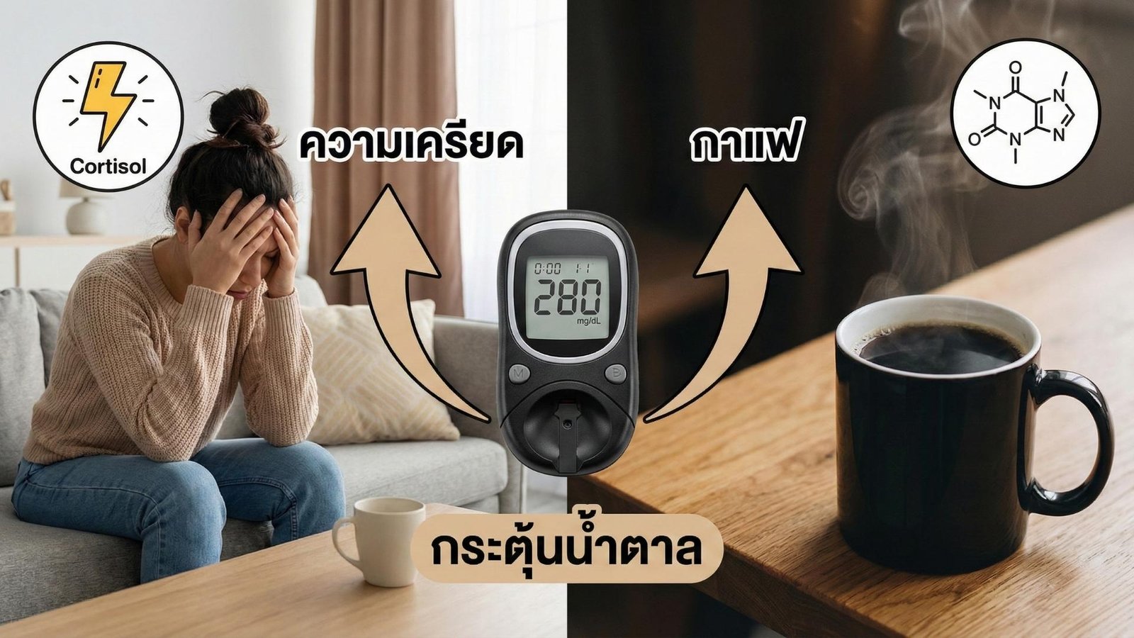 ภาพเปรียบเทียบแสดงให้เห็นว่าความเครียดและคาเฟอีนในกาแฟสามารถกระตุ้นให้ระดับน้ำตาลในเลือดสูงขึ้นได้