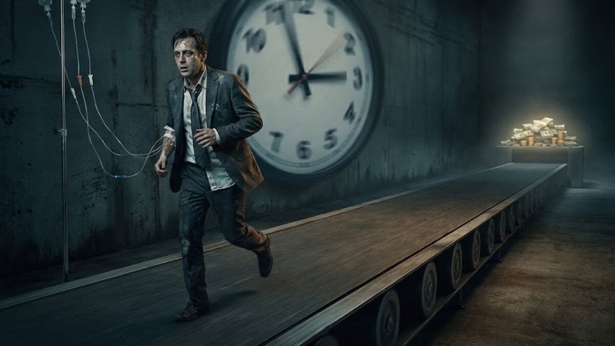 ภาพเปรียบเทียบคนทำงานหนักเหมือนหนูถีบจักร (กับดักความขยัน) แลกสุขภาพกับเงินที่ไม่พอใช้