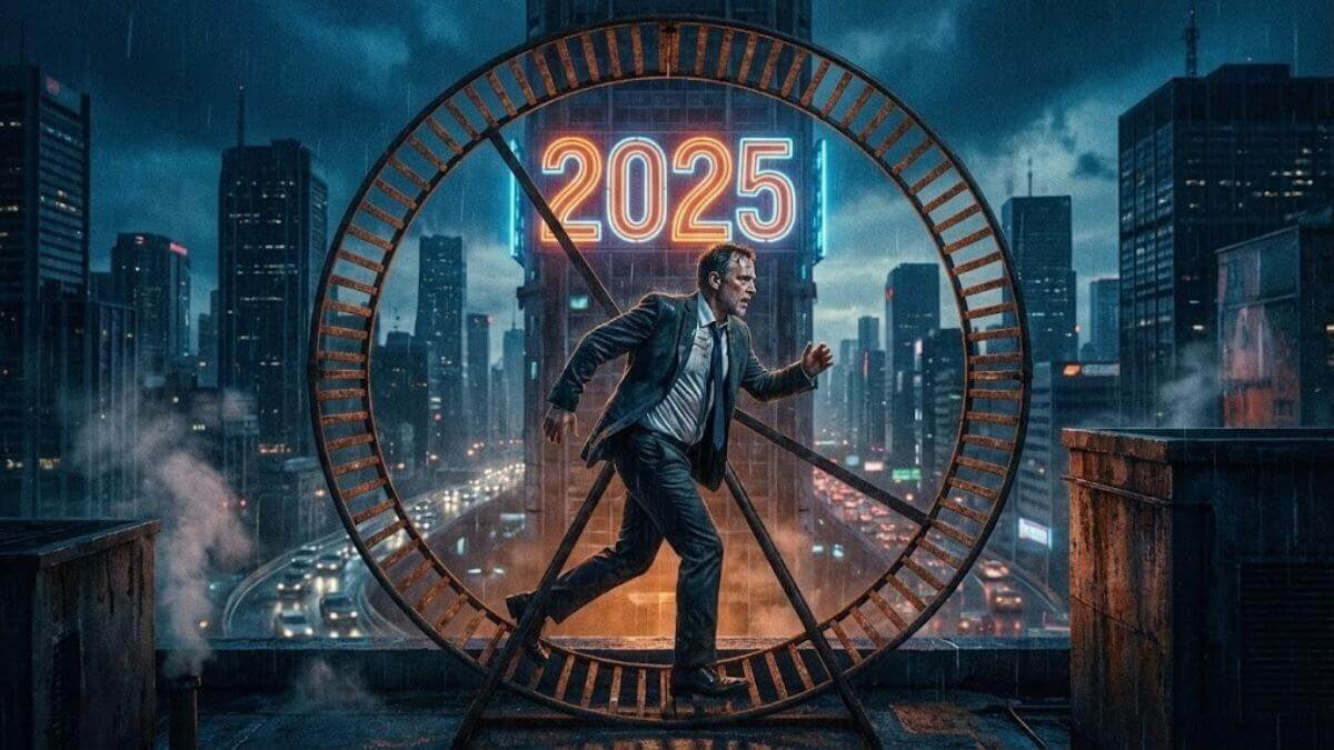 กับดักความขยัน-ทางรอด-2025 ภาพชายวัยกลางคนวิ่งบนกงล้อหนูแฮมสเตอร์อย่างเหนื่อยล้า สื่อถึงกับดักความขยันที่ยิ่งทำยิ่งจน ท่ามกลางวิกฤตเศรษฐกิจและความกดดันในปี 2025