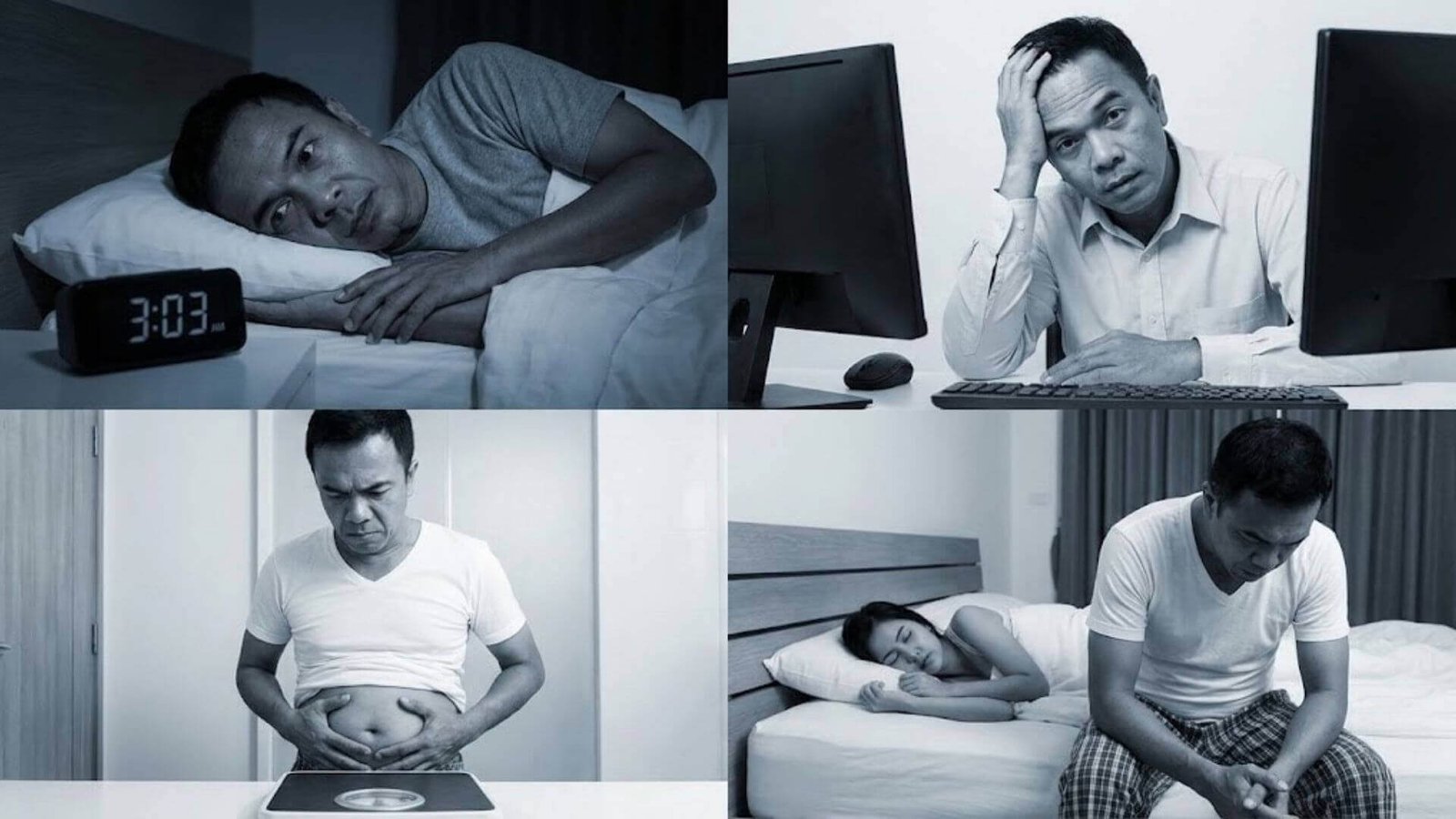 ภาพถ่ายคอลลาจ 4 ช่อง โทนสีหม่นหมอง แสดงอาการทั่วไปของภาวะวัยทองในผู้ชาย (Andropause): ช่องบนซ้าย ชายนอนลืมตาโพลงมองนาฬิกาตอนตี 3 (นอนไม่หลับ); ช่องบนขวา ชายนั่งกุมขมับเครียดหน้าจอคอมพิวเตอร์ (สมองตื้อ); ช่องล่างซ้าย ชายยืนชั่งน้ำหนักและบีบพุงด้วยความกังวล (อ้วนลงพุง); ช่องล่างขวา ชายนั่งหันหลังให้ภรรยาบนเตียงด้วยความรู้สึกผิด (ปัญหาทางเพศ)