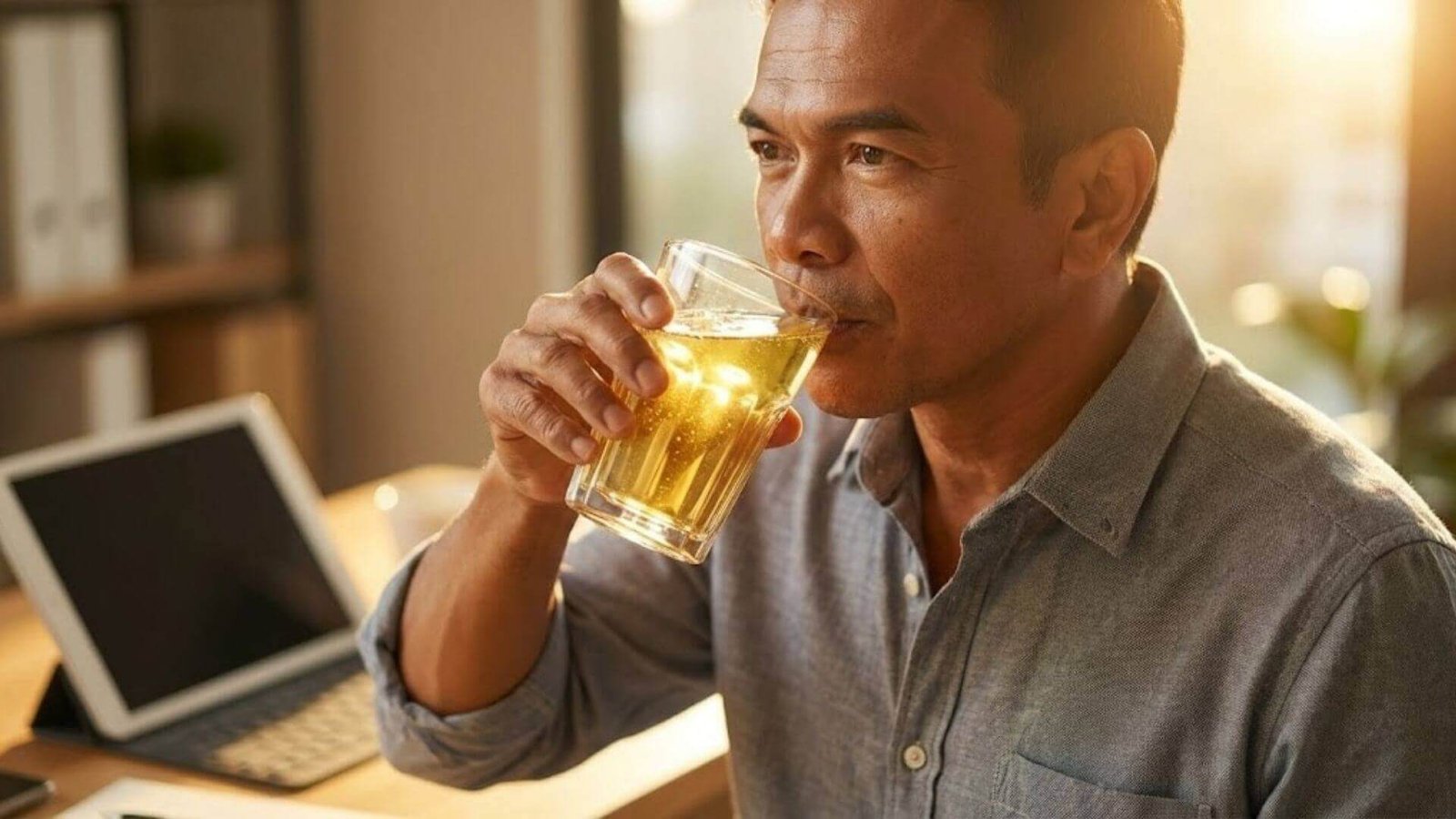 ชายวัยกลางคนสวมเสื้อเชิ้ตยีนส์ กำลังยกแก้วเครื่องดื่มสมุนไพรสีทองประกายขึ้นดื่มด้วยสีหน้าสดชื่นและมุ่งมั่น ในห้องทำงานที่บ้านที่มีแสงแดดอุ่นๆ ส่องเข้ามา มีแท็บเล็ตวางอยู่บนโต๊ะด้านหลัง