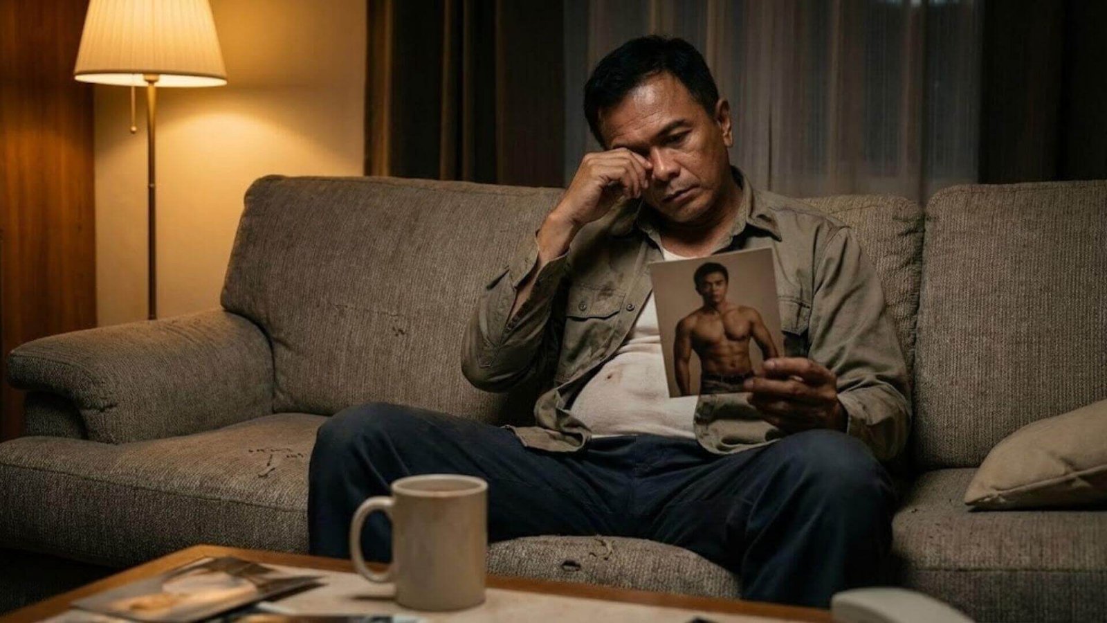 ชายวัยกลางคนนั่งกุมขมับด้วยความเหนื่อยล้าบนโซฟา มีพุงยื่นออกมาเล็กน้อย กำลังมองดูรูปถ่ายสมัยหนุ่มที่ดูแข็งแรง บนโต๊ะมีแก้วกาแฟที่ดื่มหมดแล้ว สื่อถึงความรู้สึกหมดไฟและร่างกายที่เปลี่ยนแปลงจากภาวะวัยทองในผู้ชาย