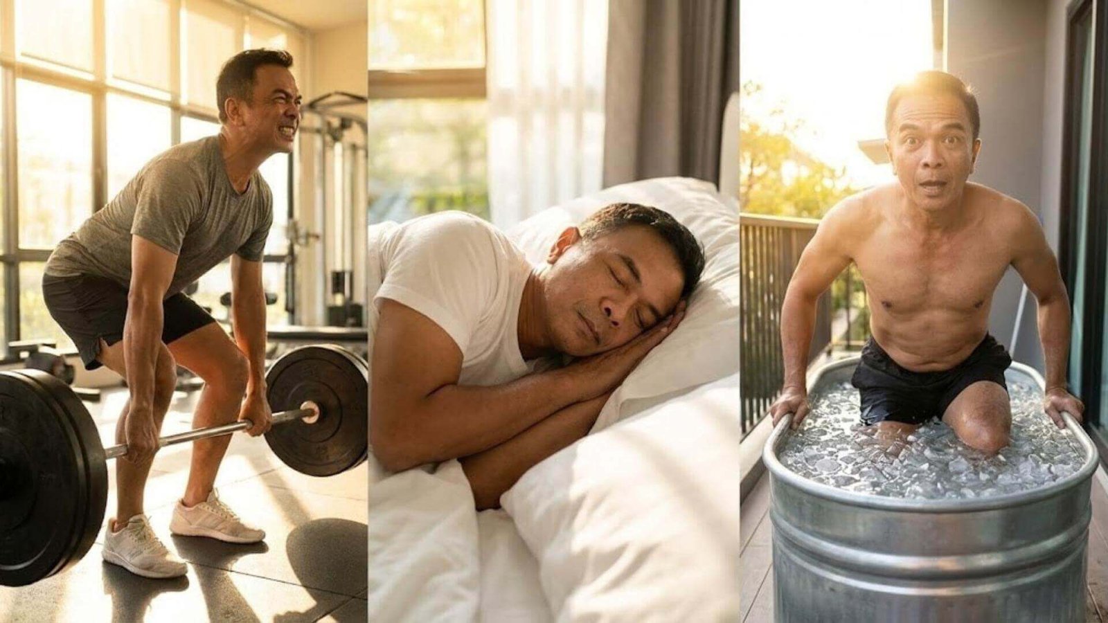 ภาพถ่ายทริปทิชแนวนอน 3 ช่อง แสดงไลฟ์สไตล์ธรรมชาติเพื่อกู้คืนความฟิตสำหรับชายวัยทอง: ช่องซ้ายชายวัยกลางคน (หน้าคล้ายโปรตึ๊ก) กำลังออกแรงยกบาร์เบลหนักในยิม ช่องกลางนอนหลับสนิทบนเตียงเพื่อฟื้นฟูร่างกาย และช่องขวากำลังก้าวลงแช่ในถังน้ำแข็ง (Ice Bath) ด้วยสีหน้าตื่นตัว ทั้งหมดอยู่ภายใต้แสงแดดสดใส สื่อถึงการเพิ่มระดับเทสโทสเตอโรนด้วยการปรับพฤติกรรม