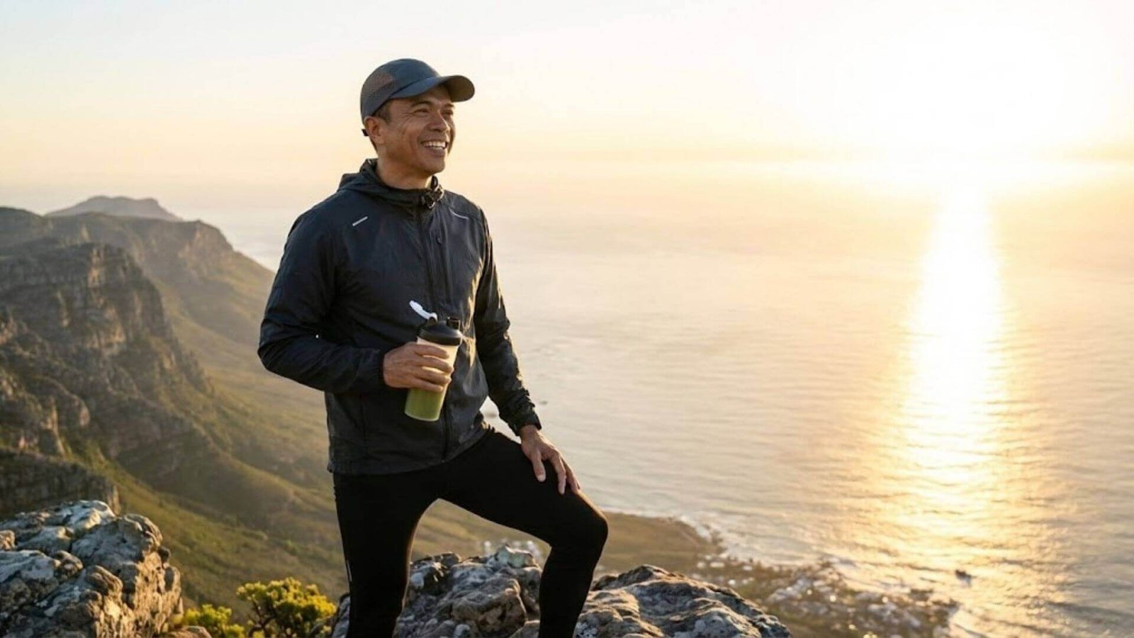 ชายวัยกลางคนรูปร่างฟิตยืนชื่นชมวิวธรรมชาติบนยอดเขาด้วยความสุข สื่อถึงผลลัพธ์ที่คุ้มค่าของการลงทุนในสุขภาพและการใช้ชีวิตแบบ Longevity Lifestyle