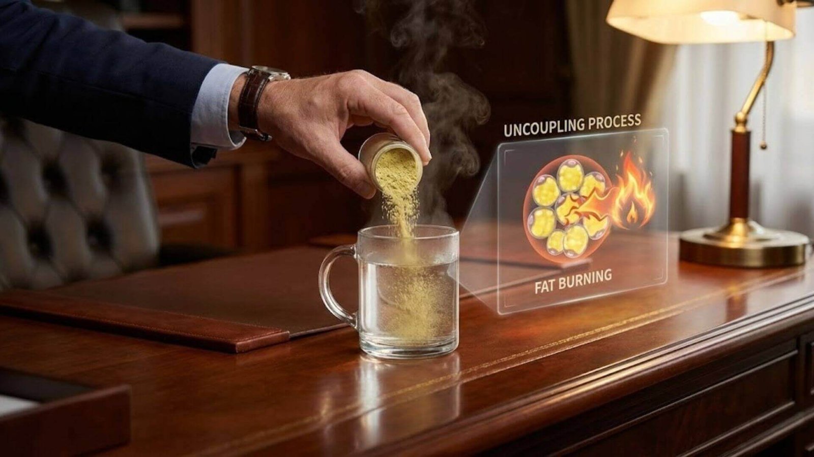 สารสกัด-Yerba-Mate-เร่งการเผาผลาญ-Uncoupling-Fat มือชายกำลังชงเครื่องดื่ม Yerba Mate สีเขียว พร้อมภาพจำลองเซลล์ไขมันกำลังถูกเผาผลาญเป็นพลังงาน สื่อถึงกระบวนการ Uncoupling ในระดับเซลล์