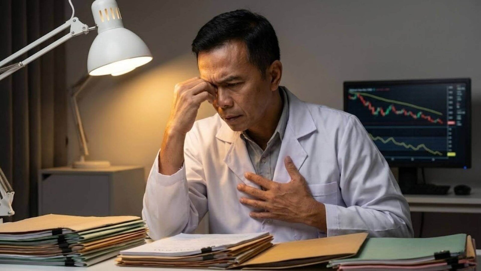 หมอศัลยแพทย์-เครียด-ปัญหาสุขภาพ-Metabolic-Syndrome แพทย์ชายวัยกลางคนนั่งกุมขมับด้วยความเครียดในคลินิก สื่อถึงปัญหา Metabolic Syndrome ที่แม้แต่บุคลากรทางการแพทย์ก็อาจเผชิญโดยไม่รู้ตัว