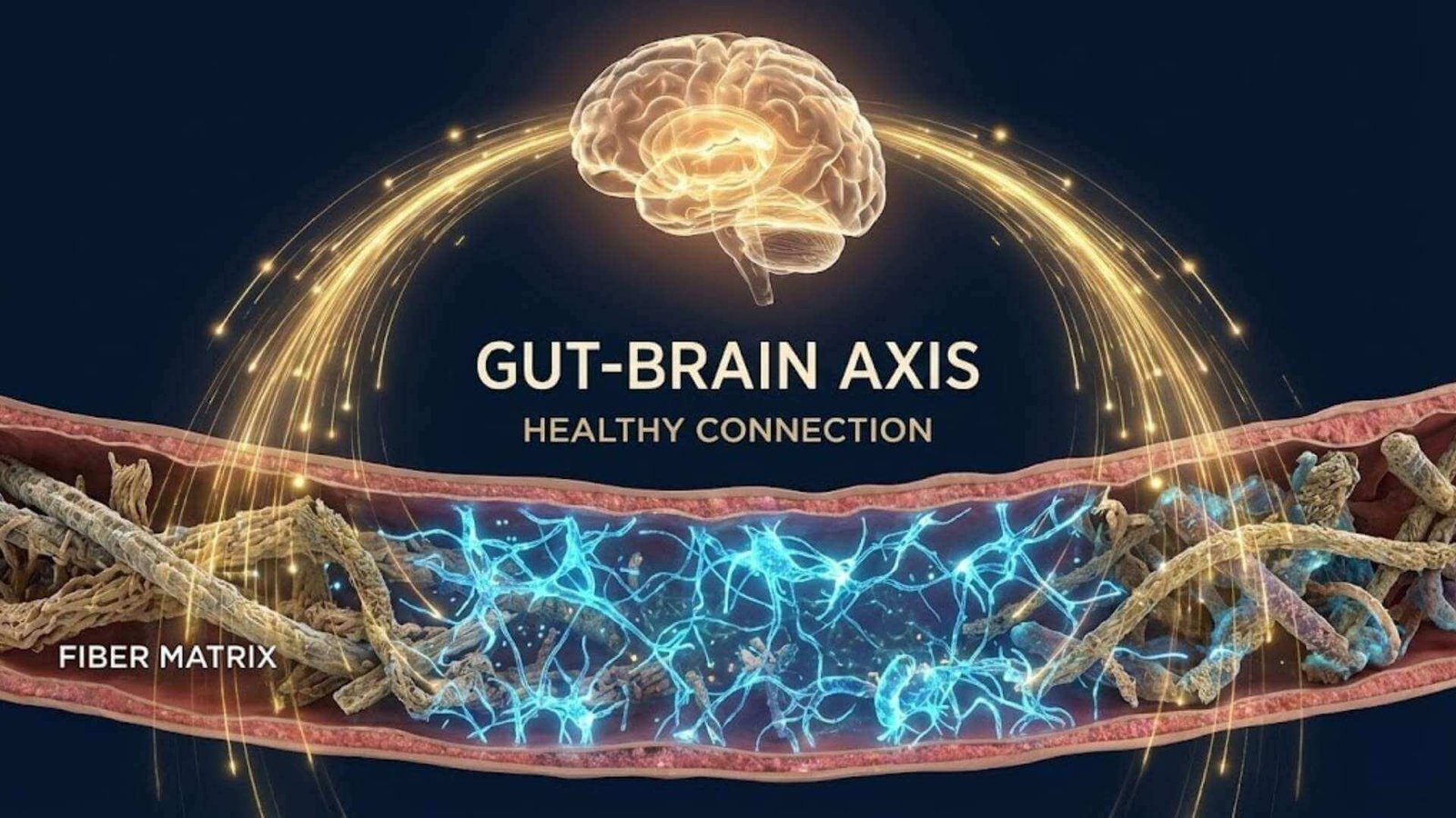 กราฟิกแสดงการทำงานของ Fiber Matrix ในลำไส้ที่ส่งผลดีต่อสมองผ่าน Gut-Brain Axis ช่วยให้สมองปลอดโปร่งและอารมณ์ดี